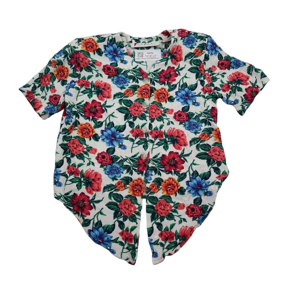 Claus Shirt Womens 6 White Floral Short Sleeve VNeck Button Up T Shirt